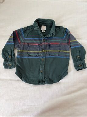 Hanna Andersson Dark Green Button-Down Shirt with Multicolor Stripes 85 cm / 2T